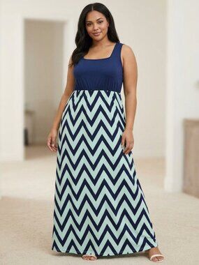 Demetory Women’s Maxi Dress Blue Mint Chevron Sleeveless Empire Waist Size L